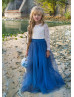 Ivory Lace Blue Tulle Two-tone Long Flower Girl Dress